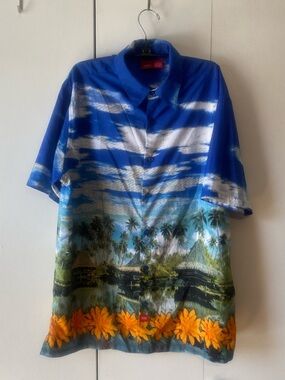 Vintage 90s Mossimo Tropical Blue Hawaiian Beach Button Up Floral Shirt sz Large